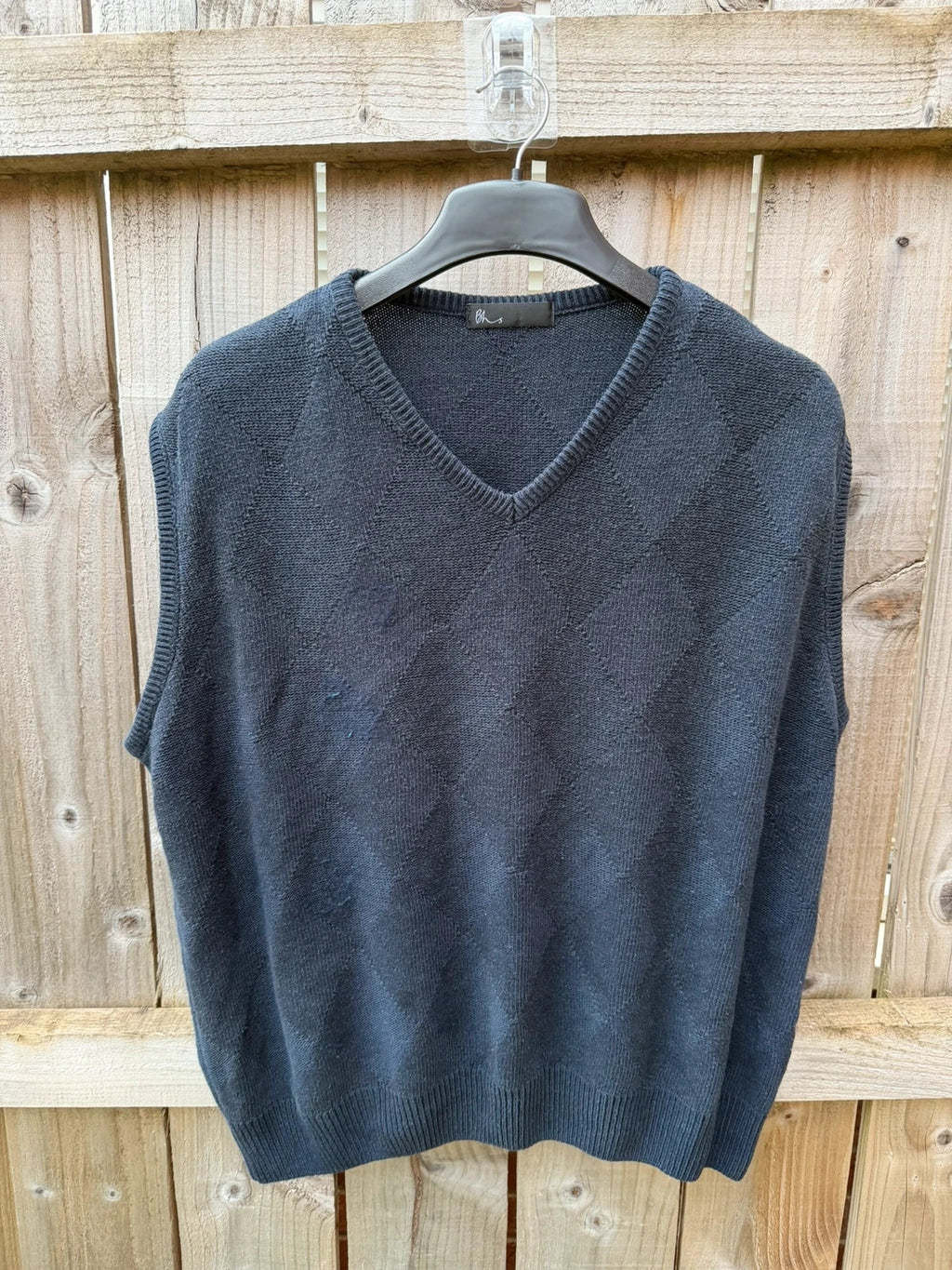 BHS navy knit tank top with diamond pattern and vintage preppy style.