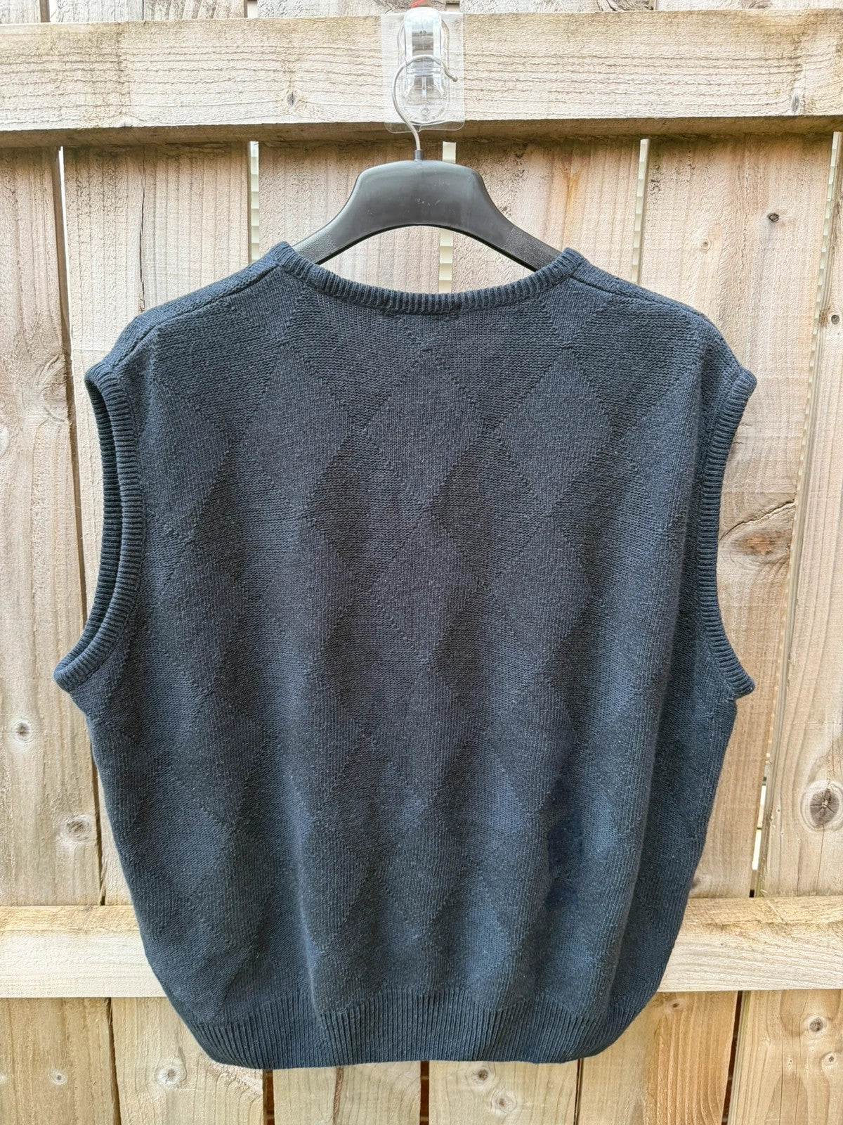 BHS navy knit tank top with diamond pattern and vintage preppy style.