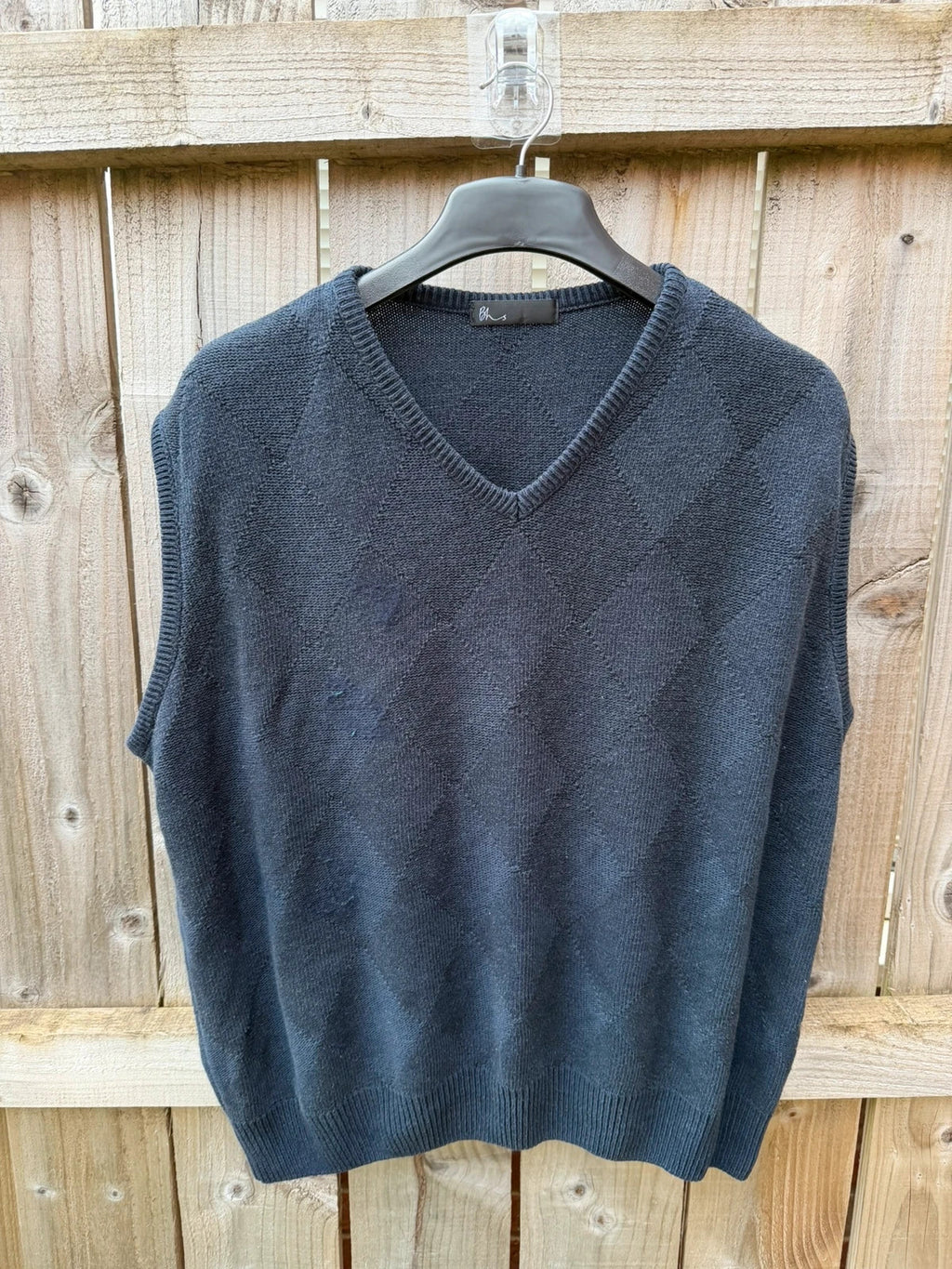BHS navy knit tank top with diamond pattern and vintage preppy style.