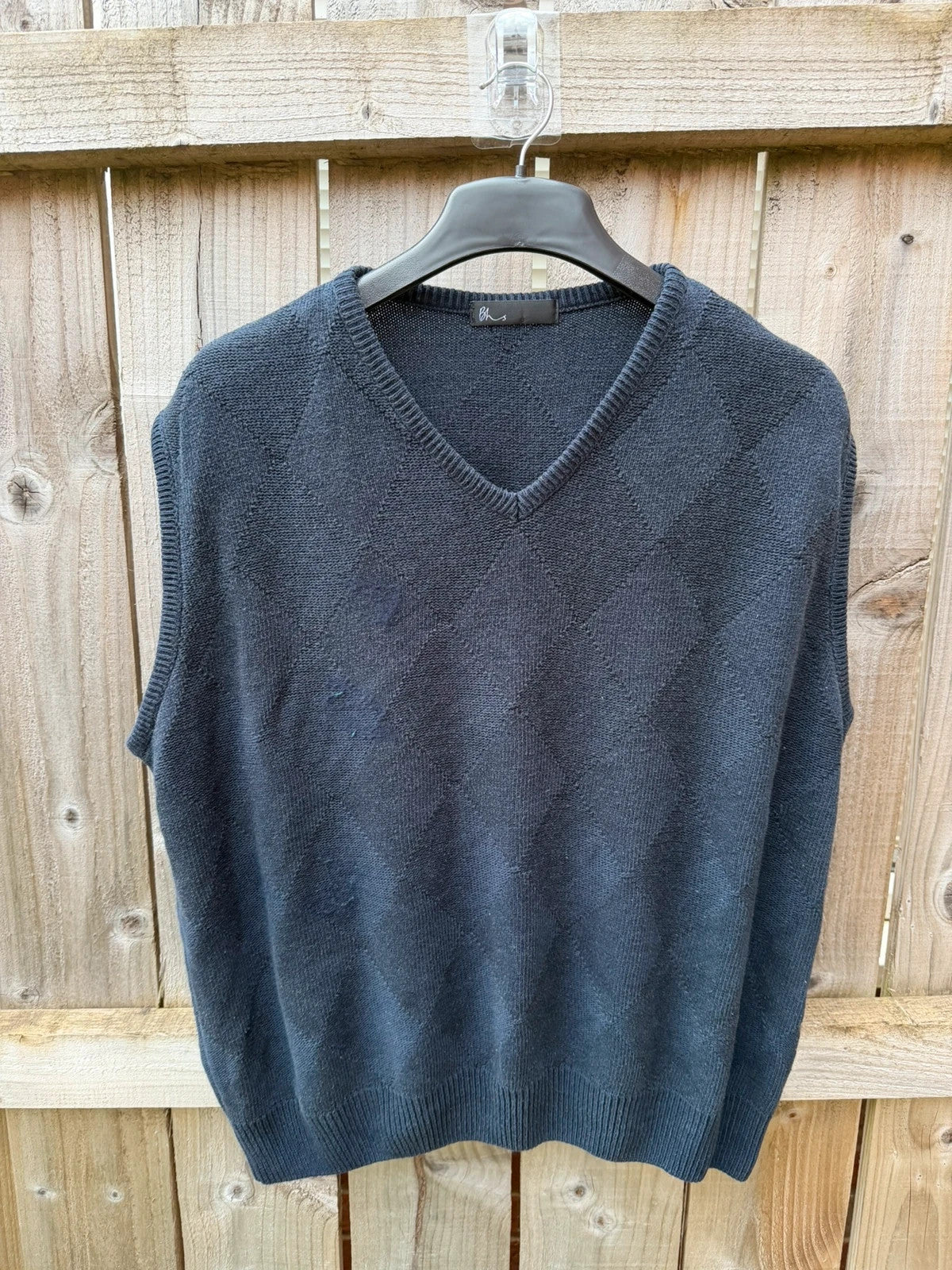 BHS navy knit tank top with diamond pattern and vintage preppy style.