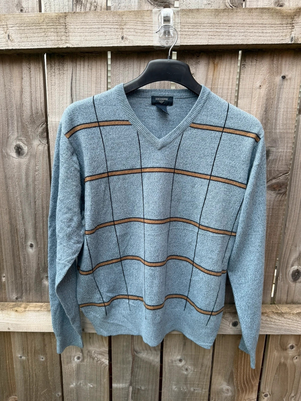 Dockers blue and grey striped knit sweater with vintage casual style, size M.