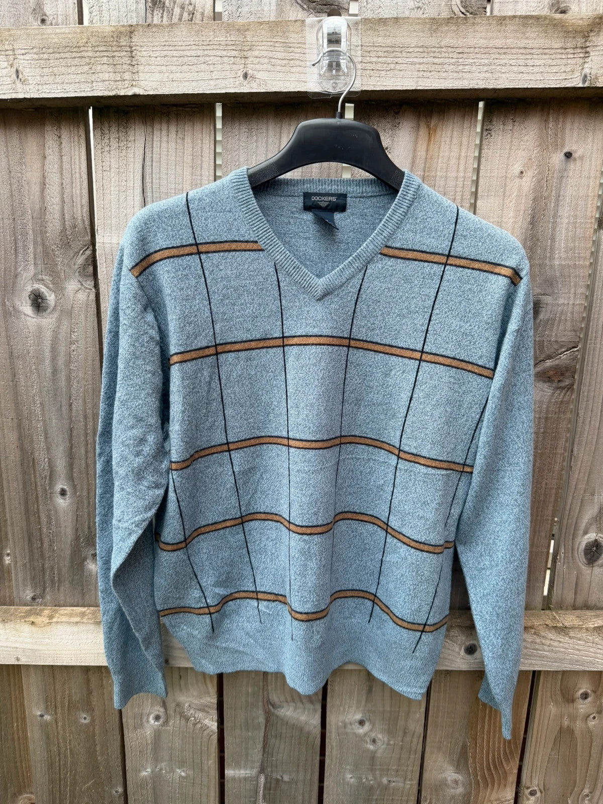 Dockers blue and grey striped knit sweater with vintage casual style, size M.