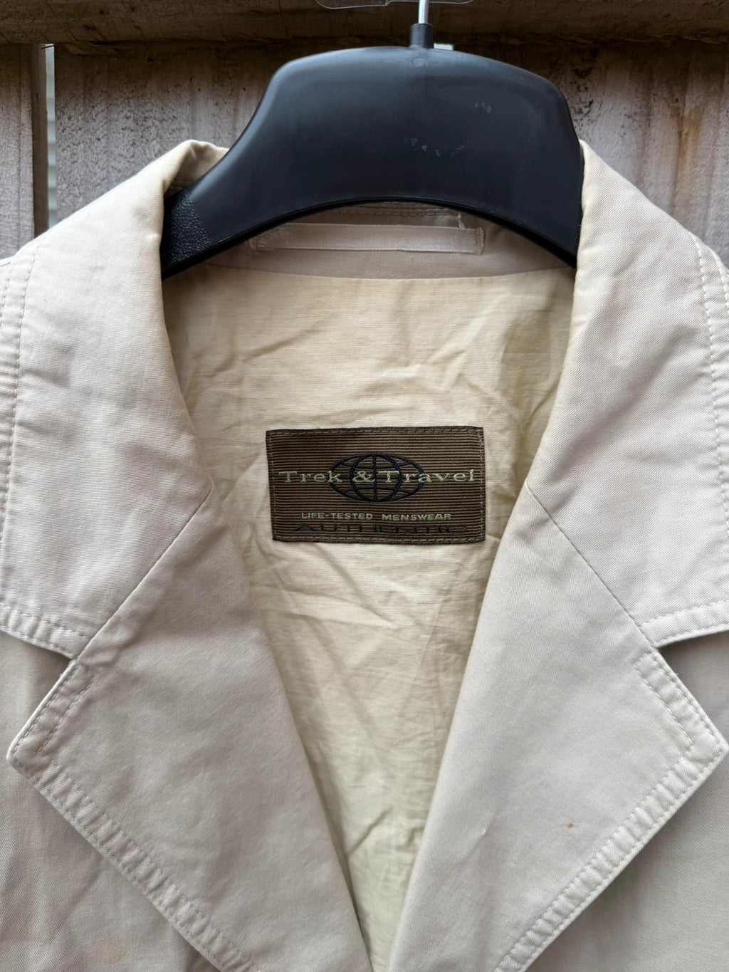 TREK cream lightweight utility blazer jacket with multiple pockets and casual safari style.