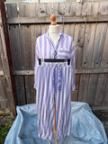George lilac and white striped pyjama set with button-up shirt and wide leg trousers.
