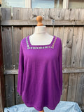 Bonmarche purple striped shirt with embellished neck detail, soft lightweight fabric.