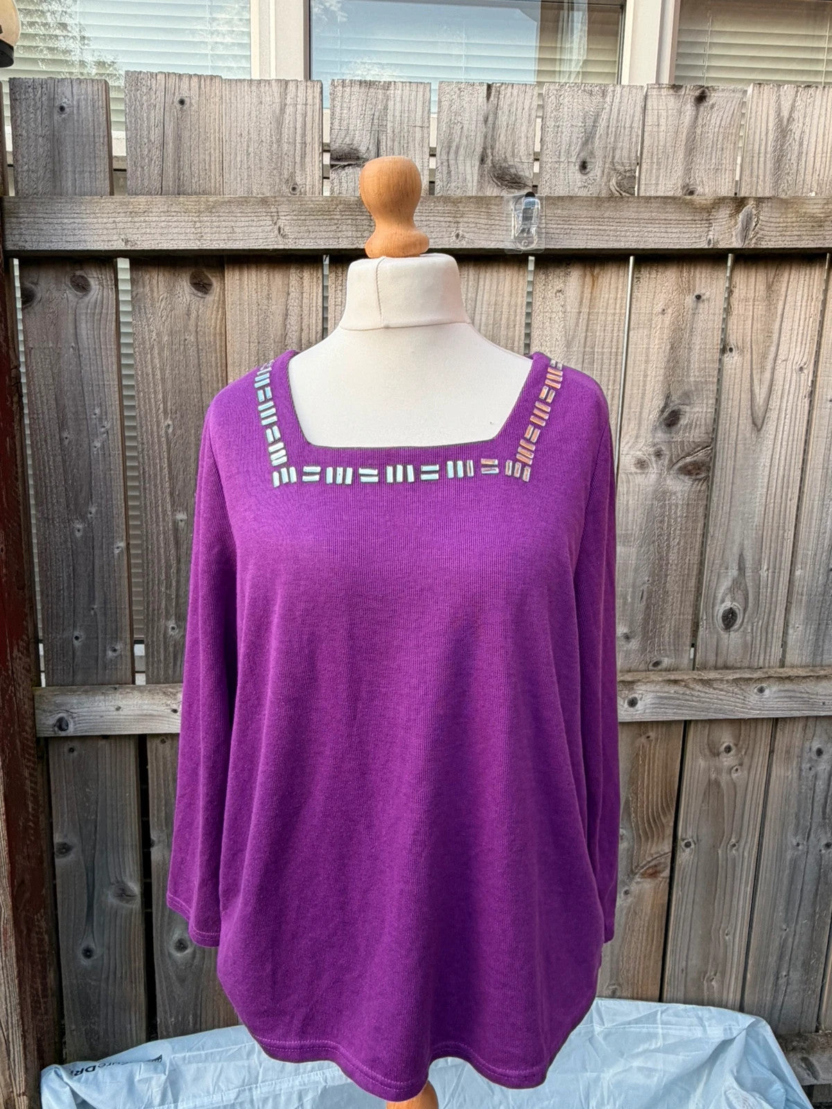 Bonmarche purple striped shirt with embellished neck detail, soft lightweight fabric.