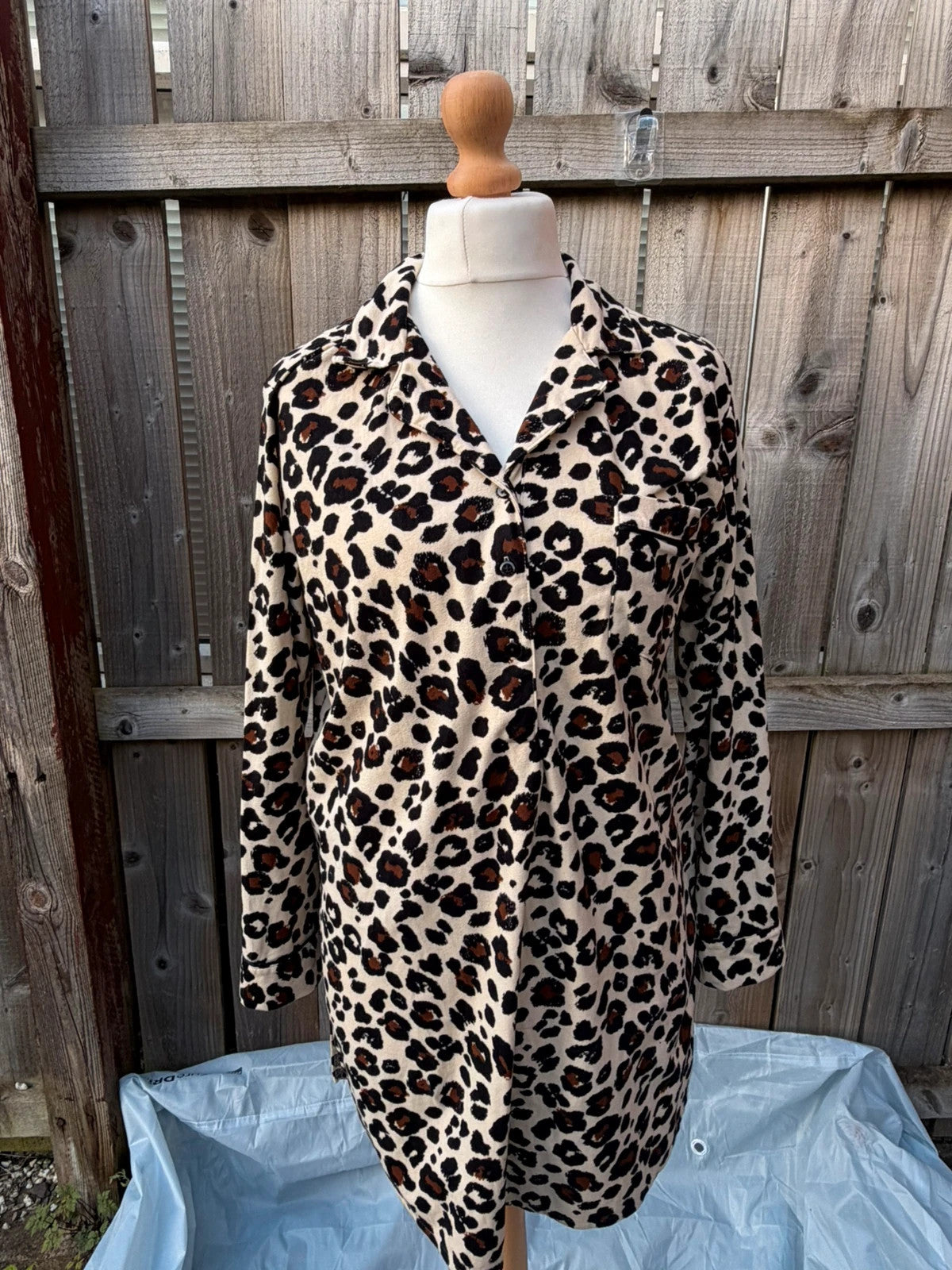 Next beige and brown leopard print oversized tunic blouse with button details.