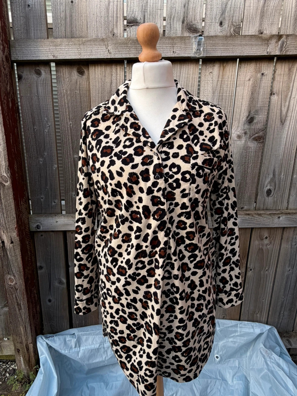 Next beige and brown leopard print oversized tunic blouse with button details.