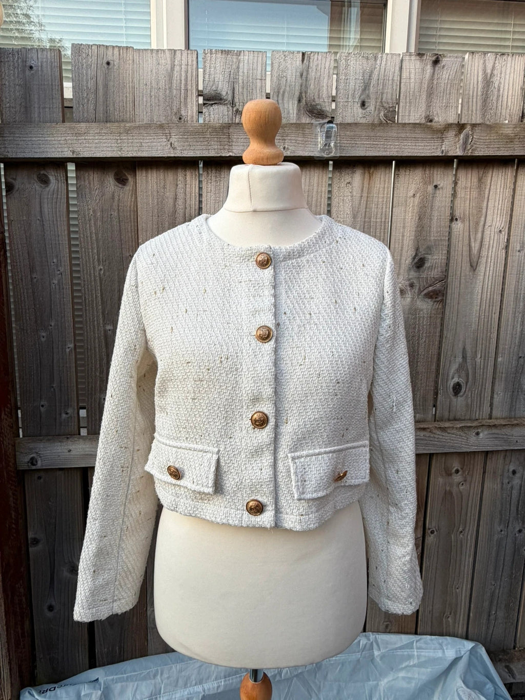 SHEIN cream cropped boucle tweed jacket with gold buttons and elegant old money style.
