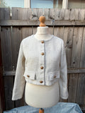 SHEIN cream cropped boucle tweed jacket with gold buttons and elegant old money style.