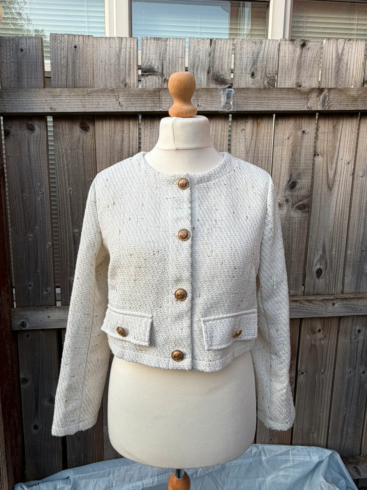 SHEIN cream cropped boucle tweed jacket with gold buttons and elegant old money style.
