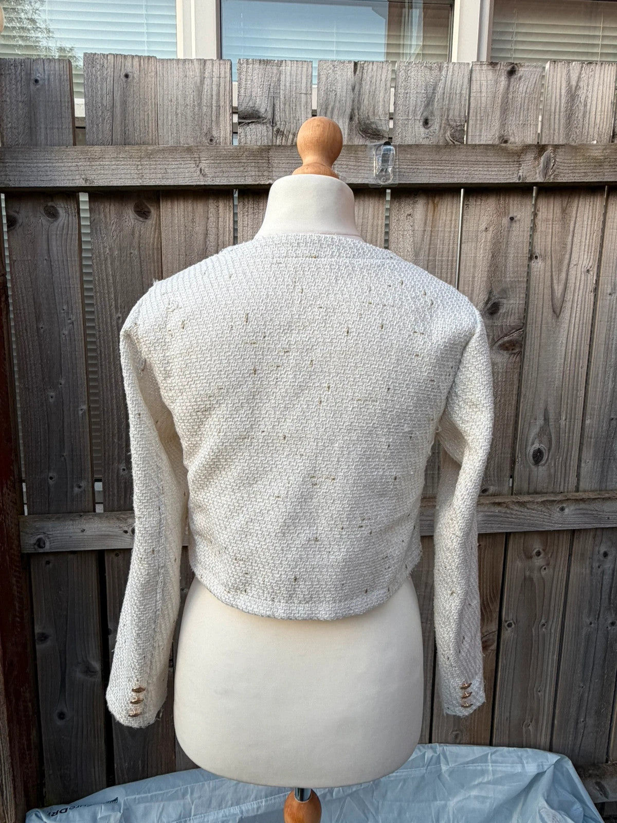 SHEIN cream cropped boucle tweed jacket with gold buttons and elegant old money style.