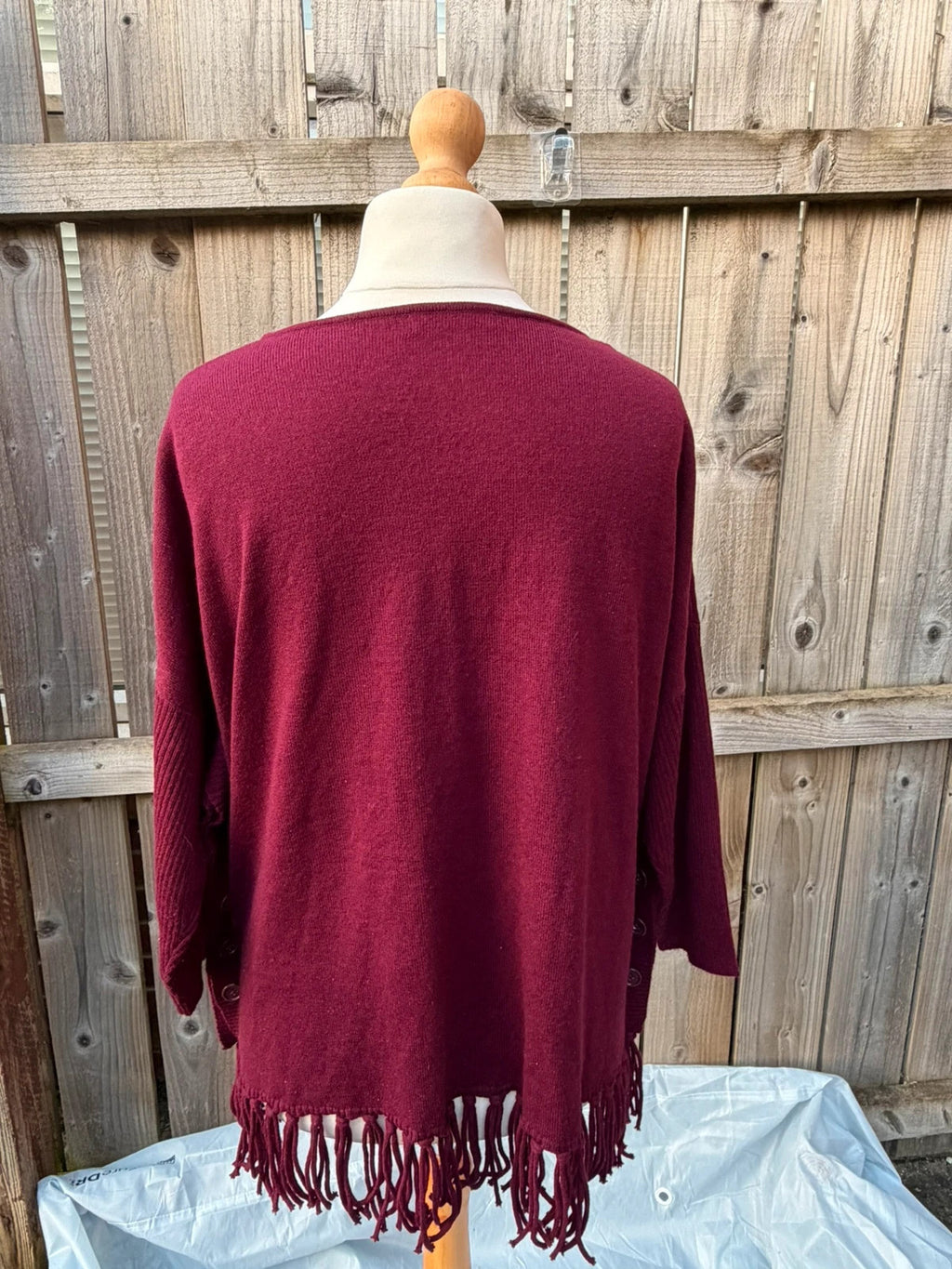 Bonmarche burgundy jumper soft knit with fringe hem and oversized cozy design.