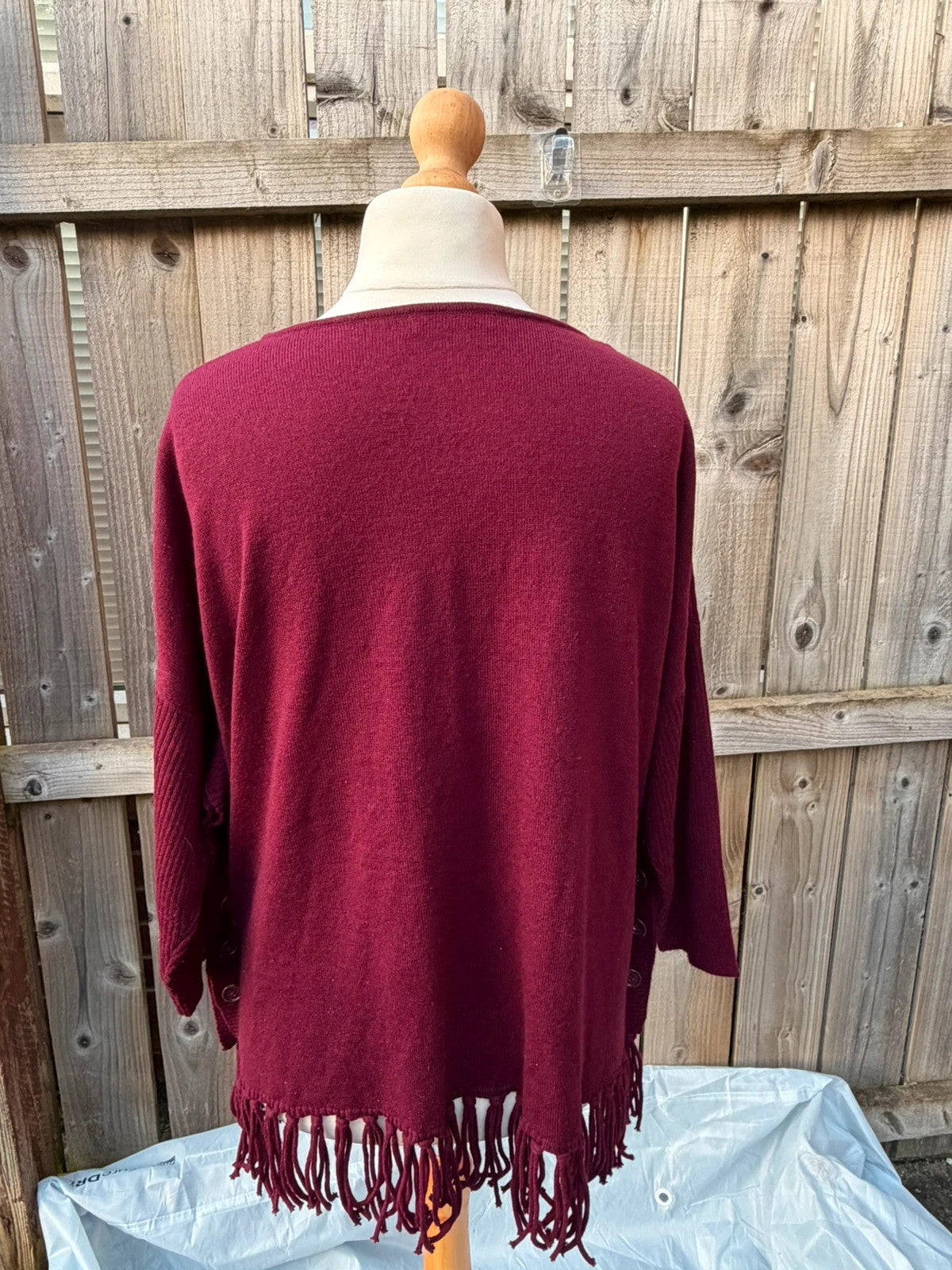 Bonmarche burgundy jumper soft knit with fringe hem and oversized cozy design.