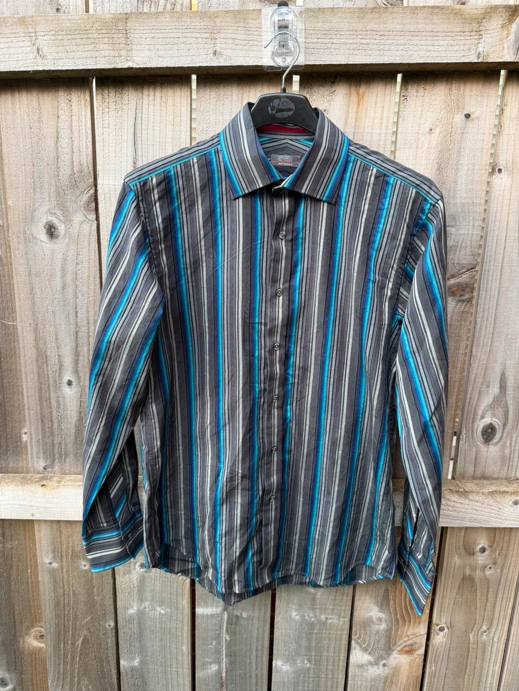 Jeff Banks blue and grey striped formal shirt, long sleeve, pre-loved condition.