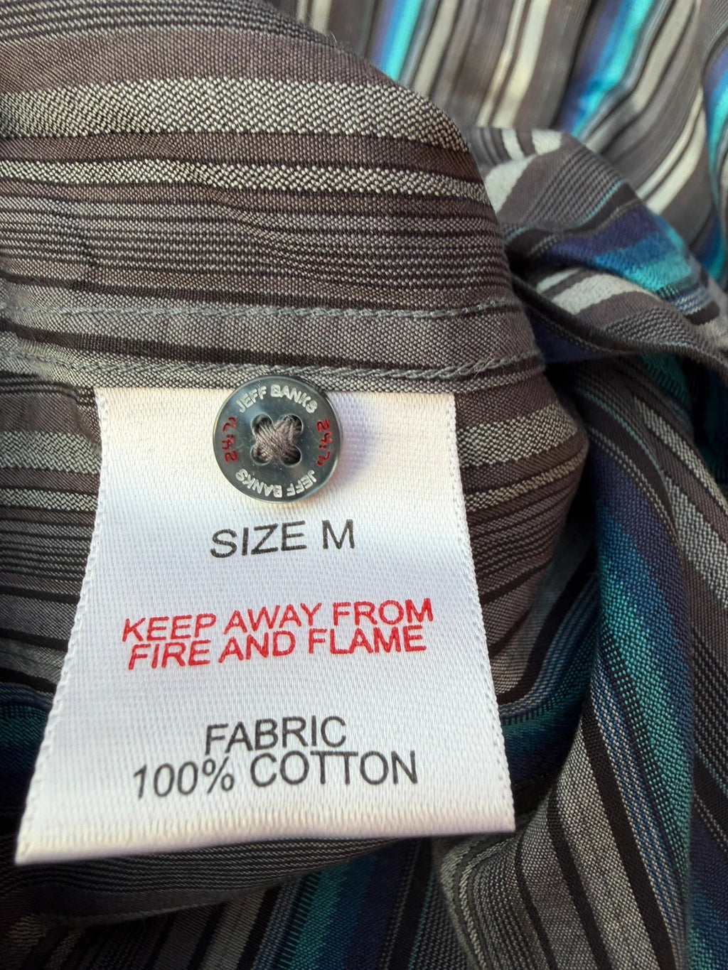 Jeff Banks blue and grey striped formal shirt, long sleeve, pre-loved condition.