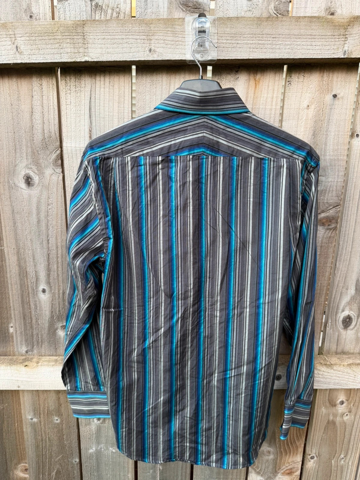 Jeff Banks blue and grey striped formal shirt, long sleeve, pre-loved condition.