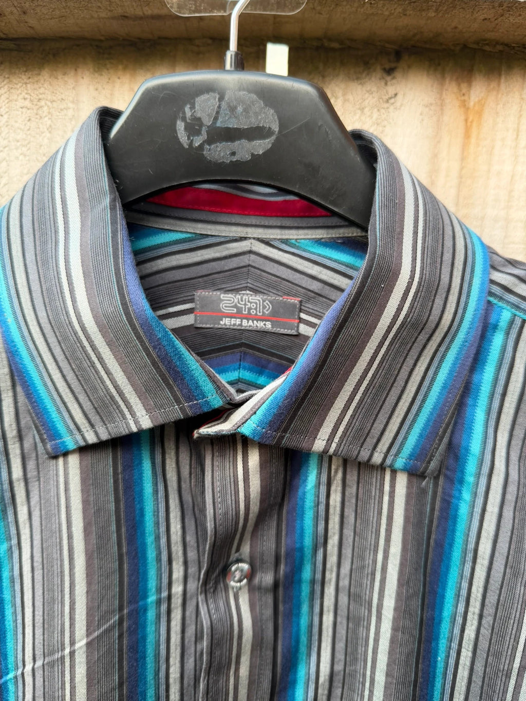 Jeff Banks blue and grey striped formal shirt, long sleeve, pre-loved condition.