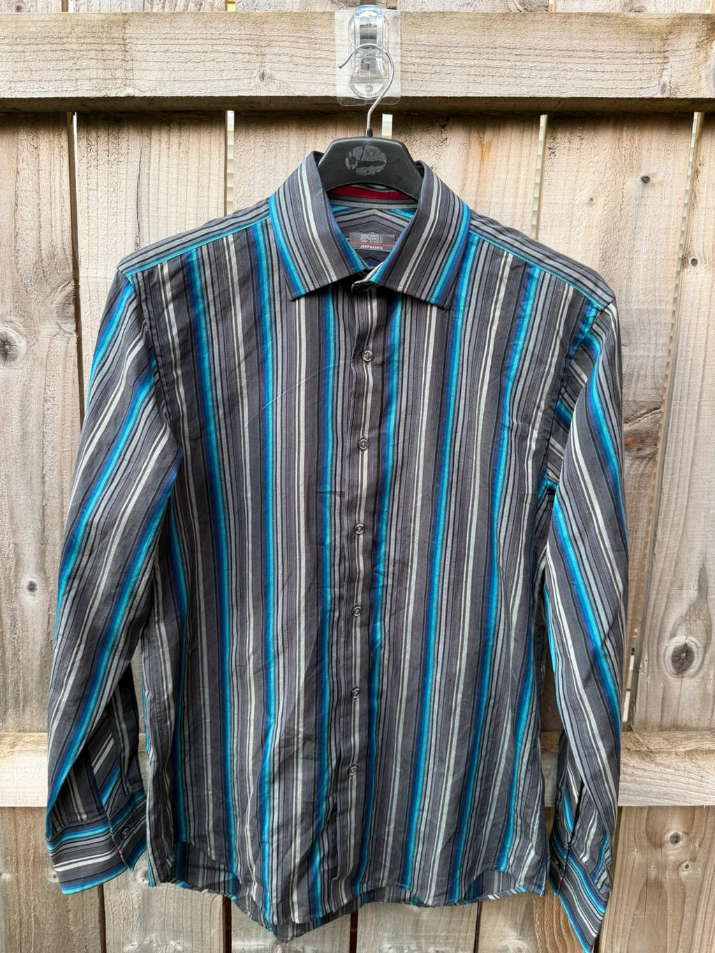 Jeff Banks blue and grey striped formal shirt, long sleeve, pre-loved condition.