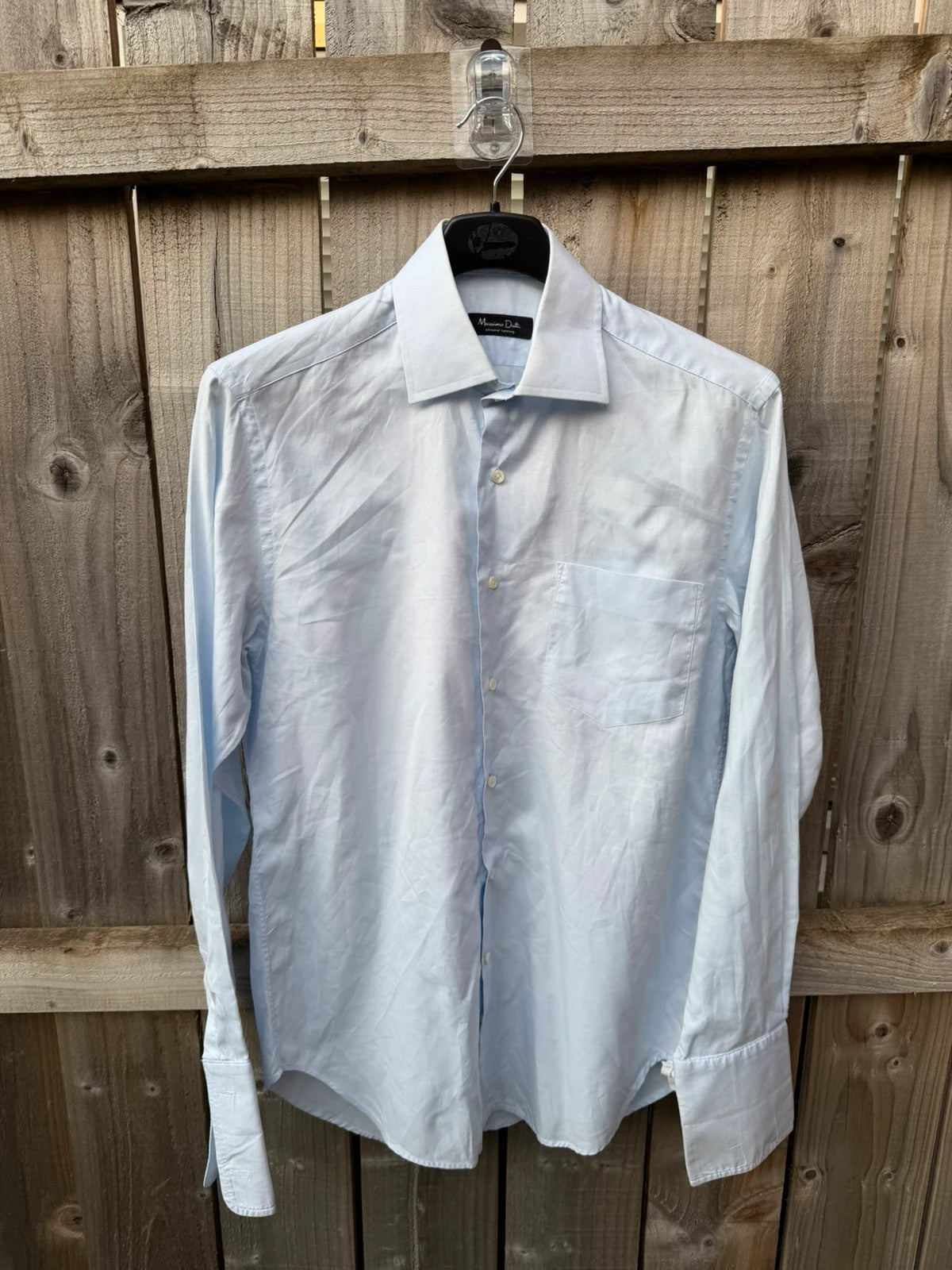 Massimo Dutti blue formal shirt, long sleeve, luxury fabric, smart office style.