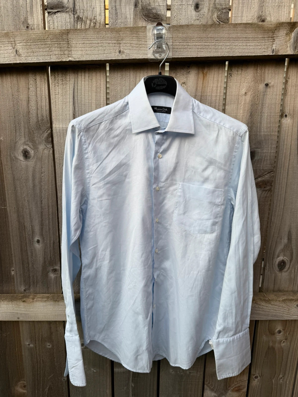 Massimo Dutti blue formal shirt, long sleeve, luxury fabric, smart office style.