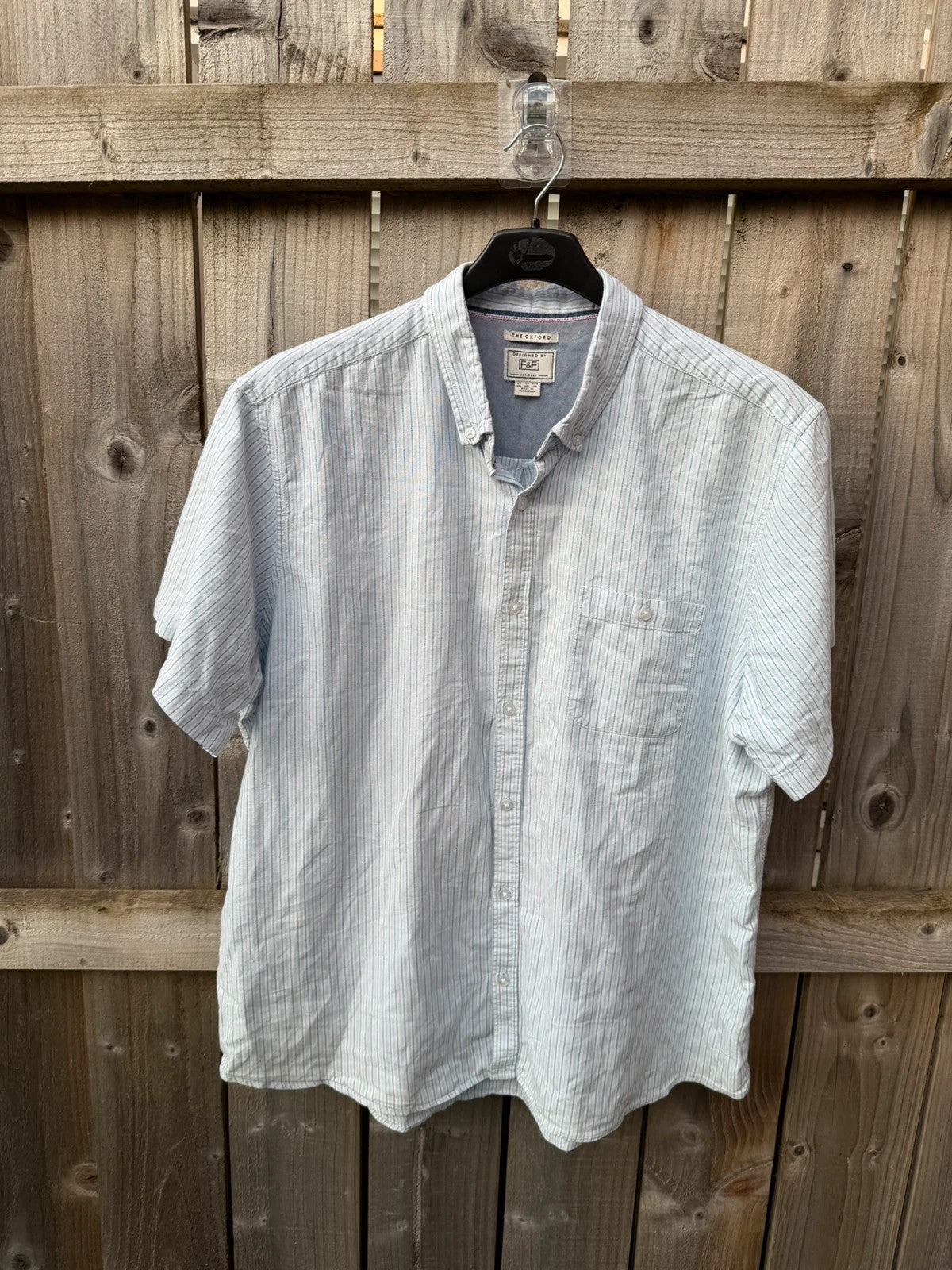 F&F light blue striped short sleeve button down shirt with casual summer style.