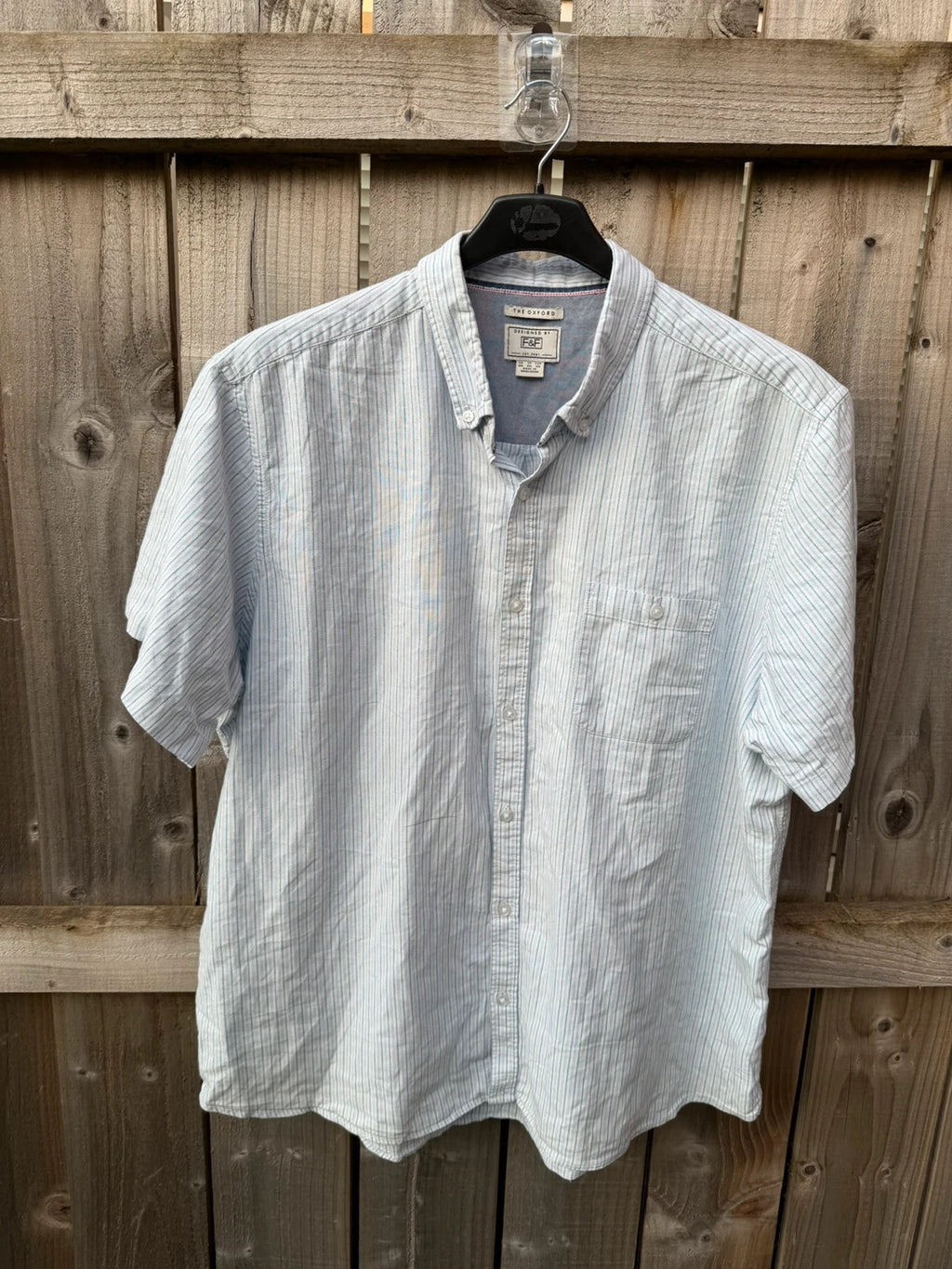 F&F light blue striped short sleeve button down shirt with casual summer style.