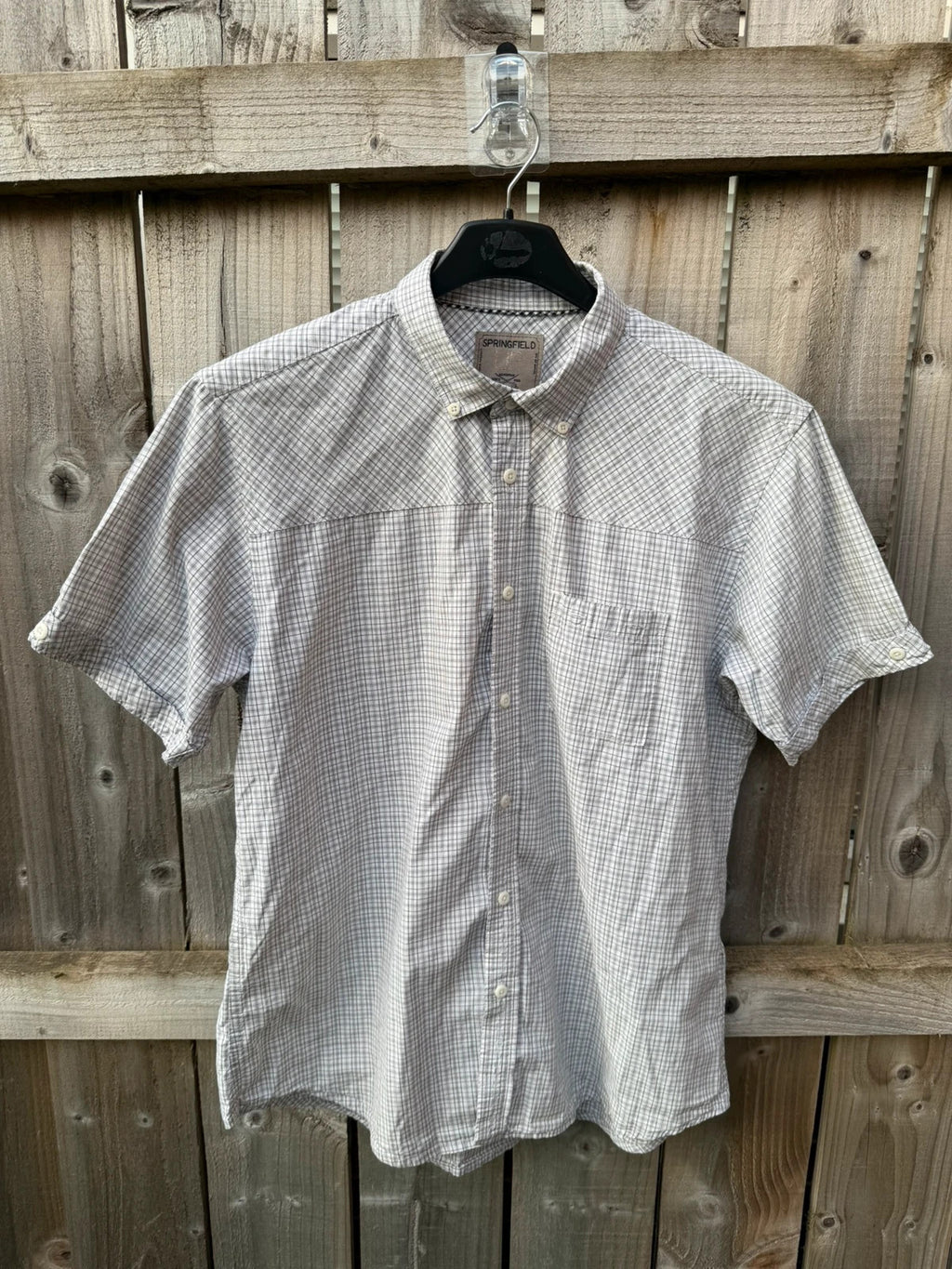 Springfield men's grey check short sleeve button-up shirt, lightweight fabric, casual style.