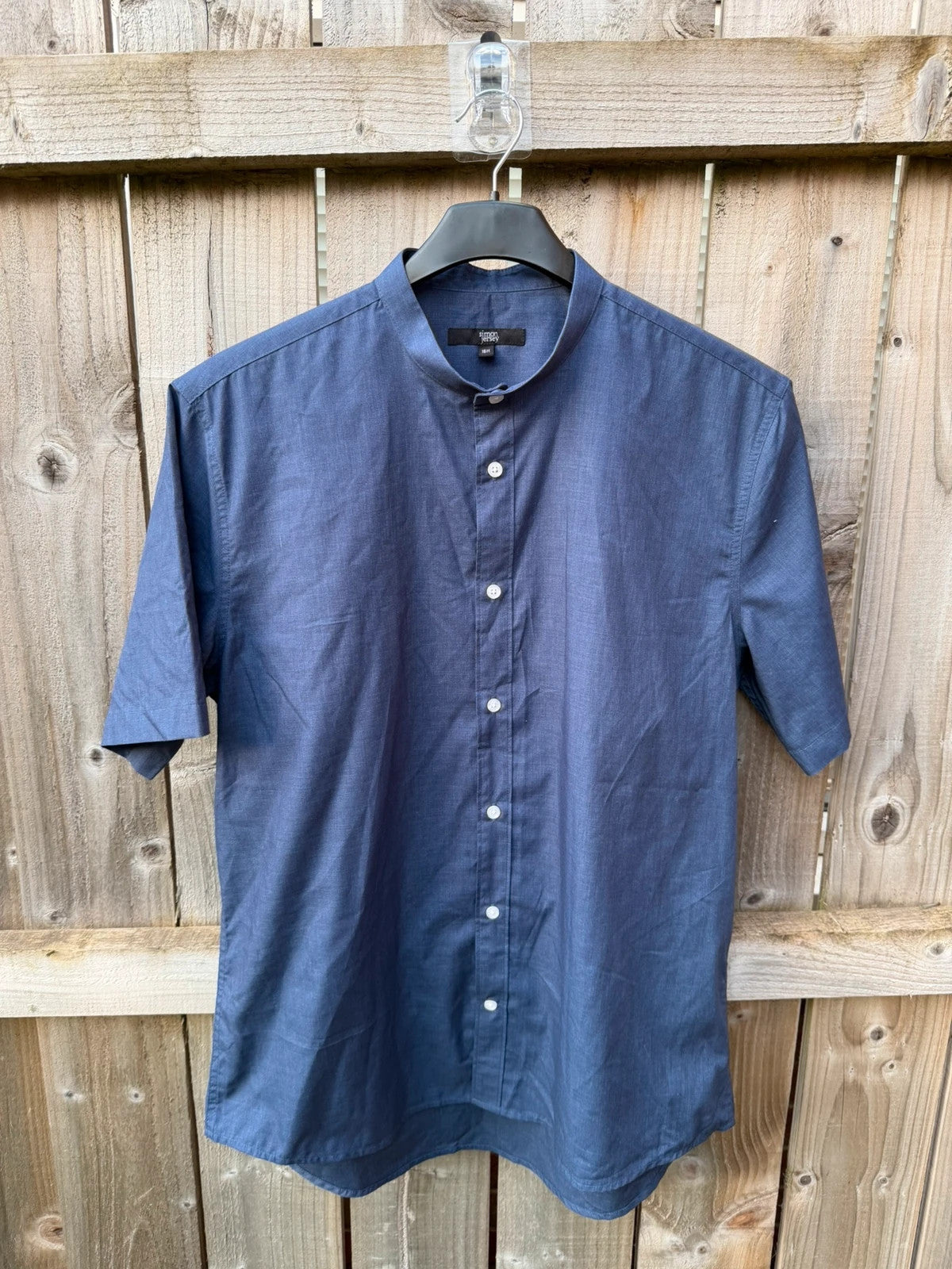 Simon Jersey navy short sleeve grandad collar shirt with smart casual style.