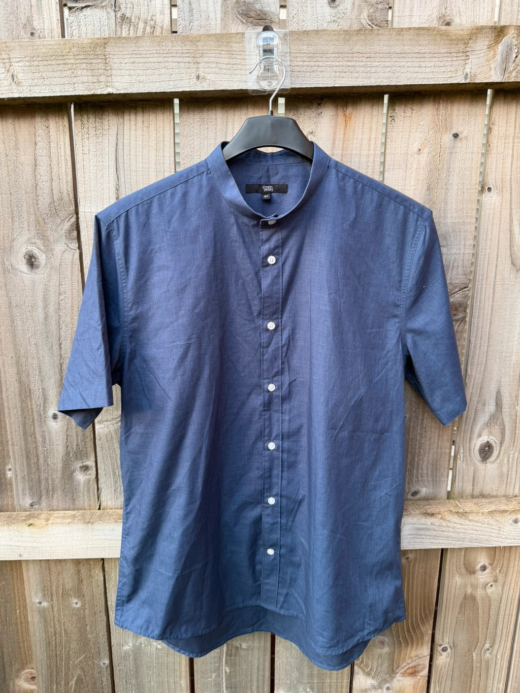 Simon Jersey navy short sleeve grandad collar shirt with smart casual style.
