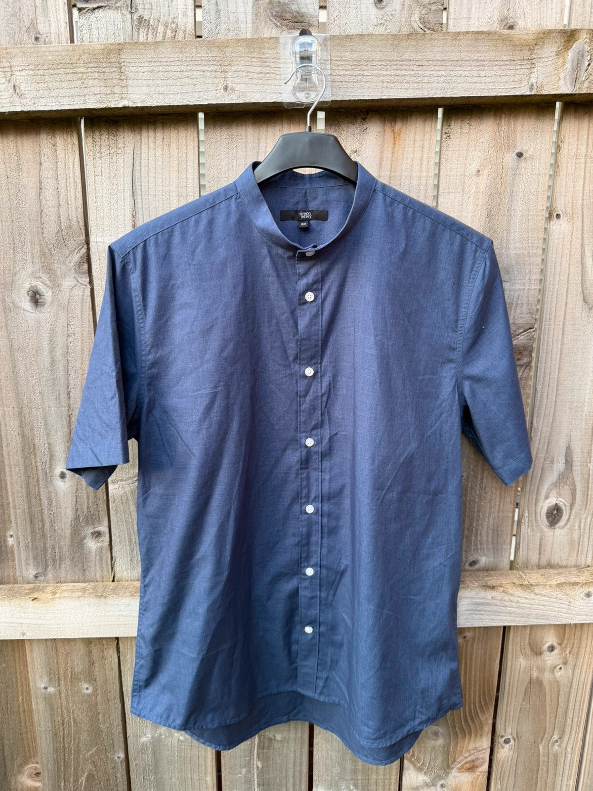 Simon Jersey navy short sleeve grandad collar shirt with smart casual style.