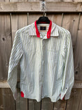 J.Crew green and white striped long sleeve shirt with contrast collar and smart casual style.
