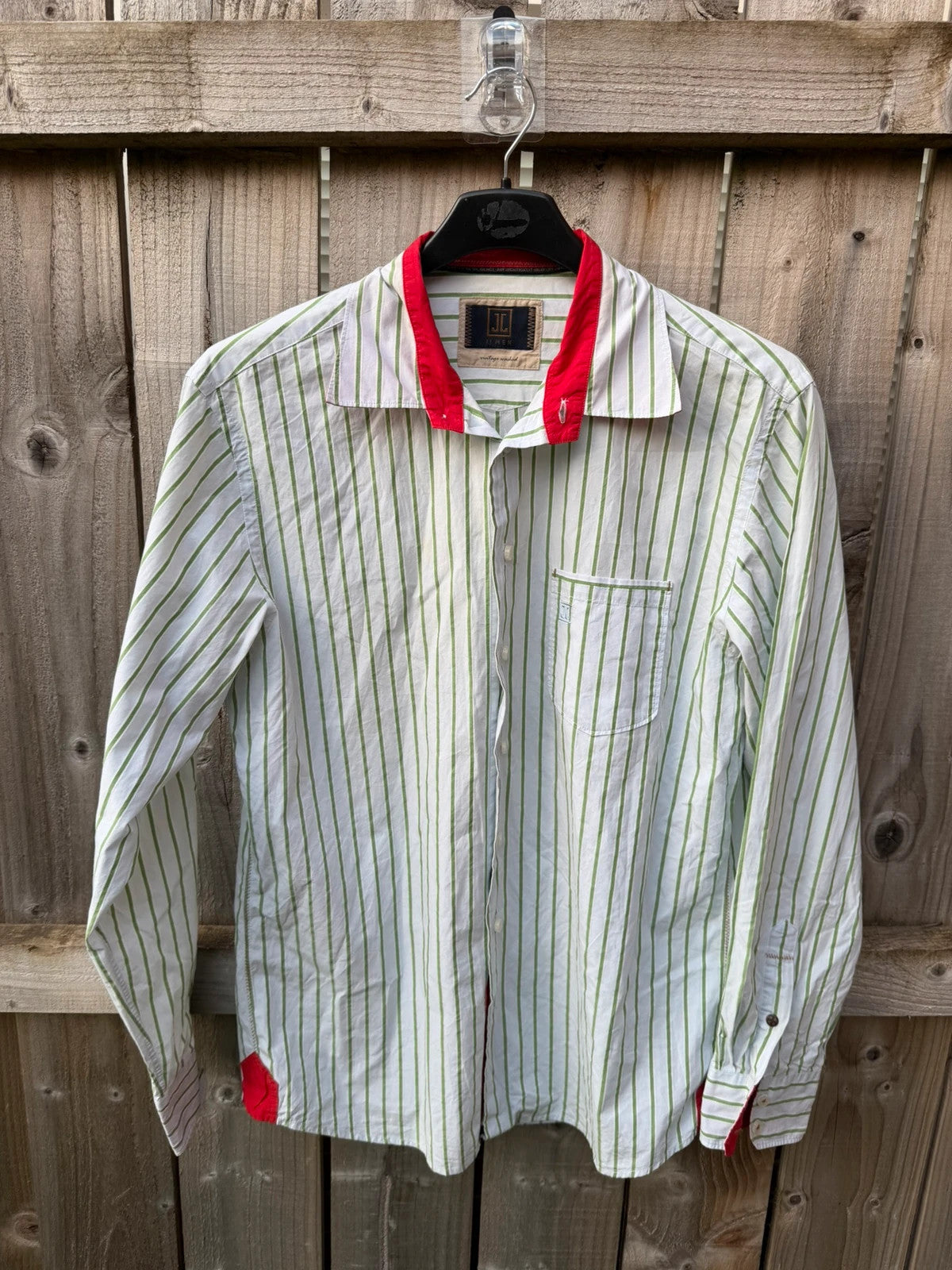 J.Crew green and white striped long sleeve shirt with contrast collar and smart casual style.