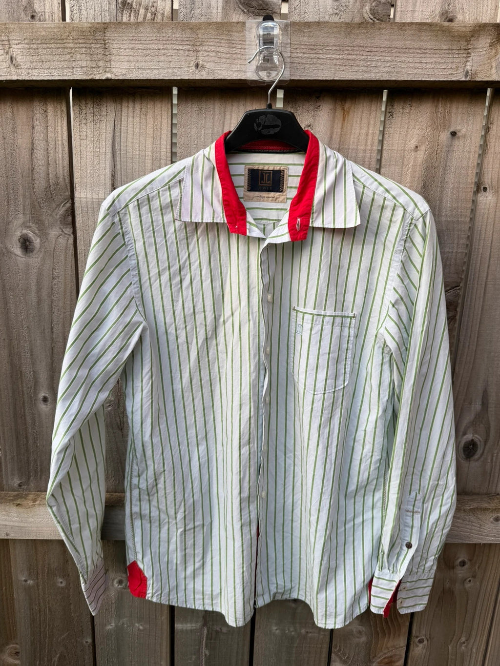 J.Crew green and white striped long sleeve shirt with contrast collar and smart casual style.