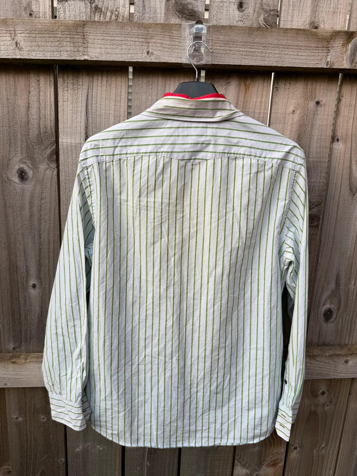 J.Crew green and white striped long sleeve shirt with contrast collar and smart casual style.