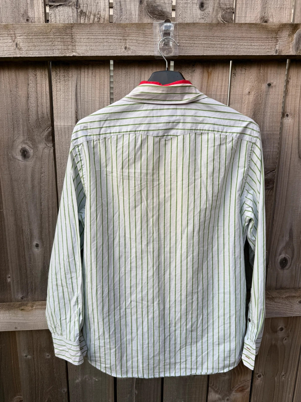 J.Crew green and white striped long sleeve shirt with contrast collar and smart casual style.