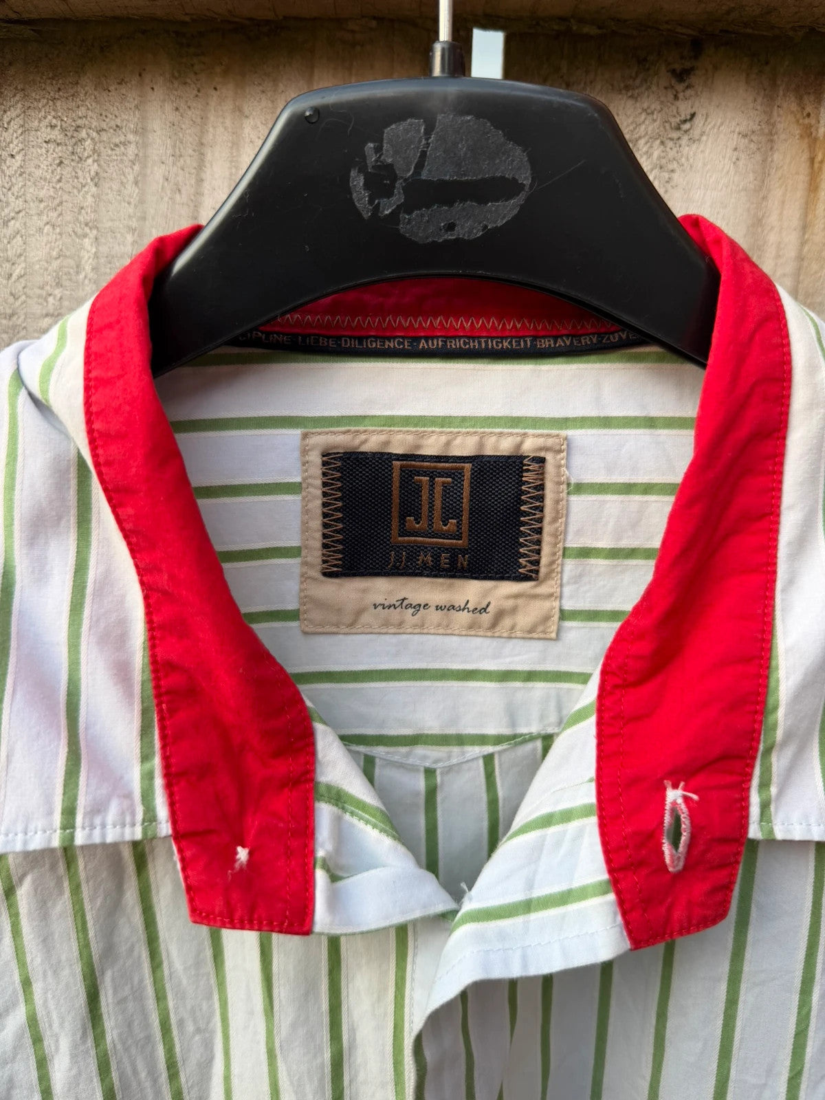 J.Crew green and white striped long sleeve shirt with contrast collar and smart casual style.