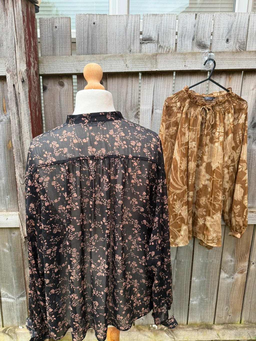 Casuals black and brown floral sheer long sleeve tunic blouses, smart casual style.