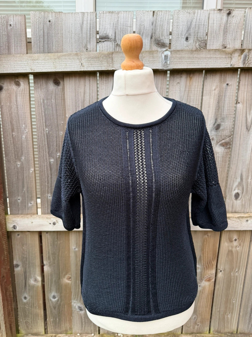 Autograph navy blue lightweight hoodie with crochet detail and casual elegant style.