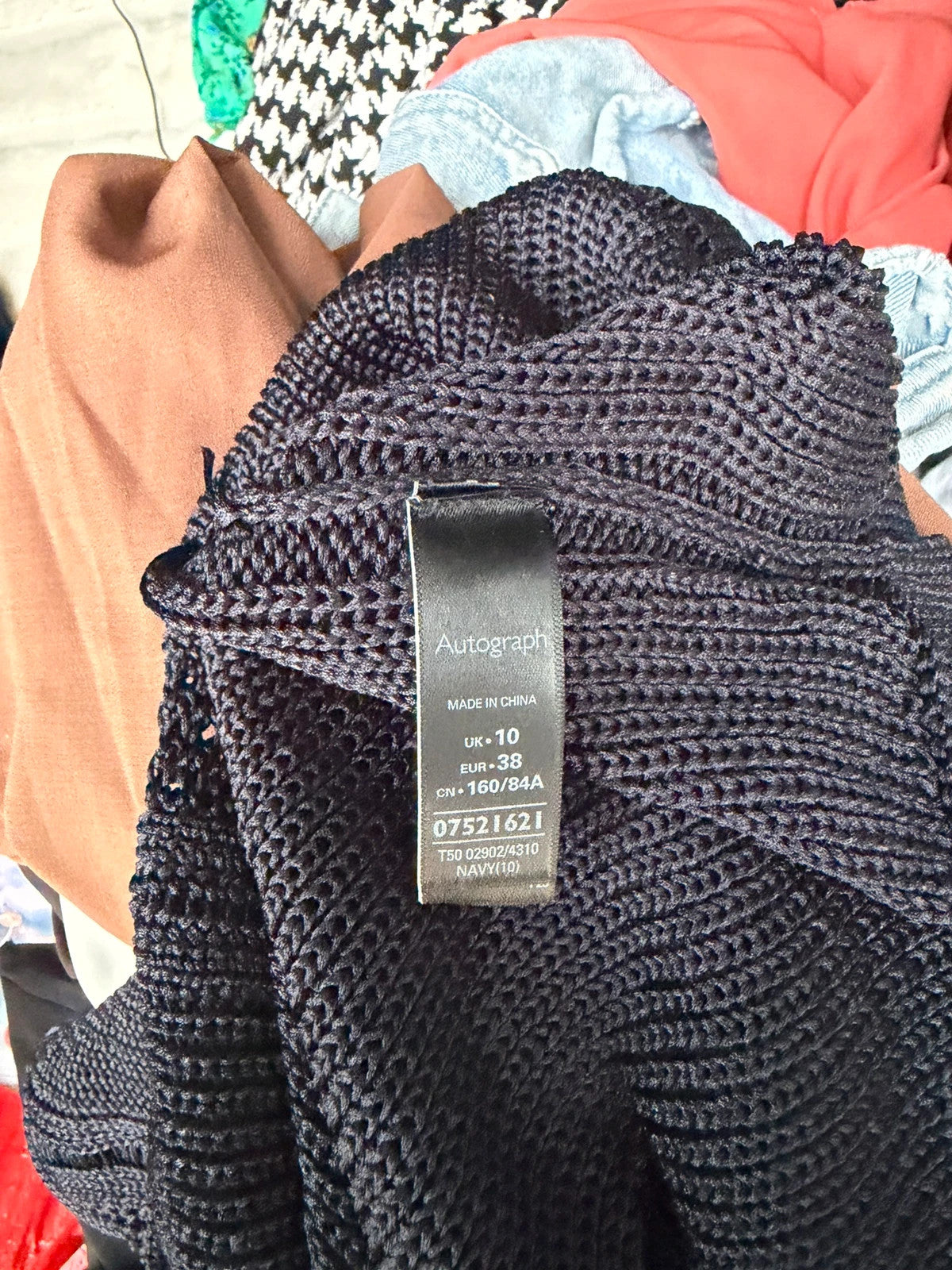 Autograph navy blue lightweight hoodie with crochet detail and casual elegant style.