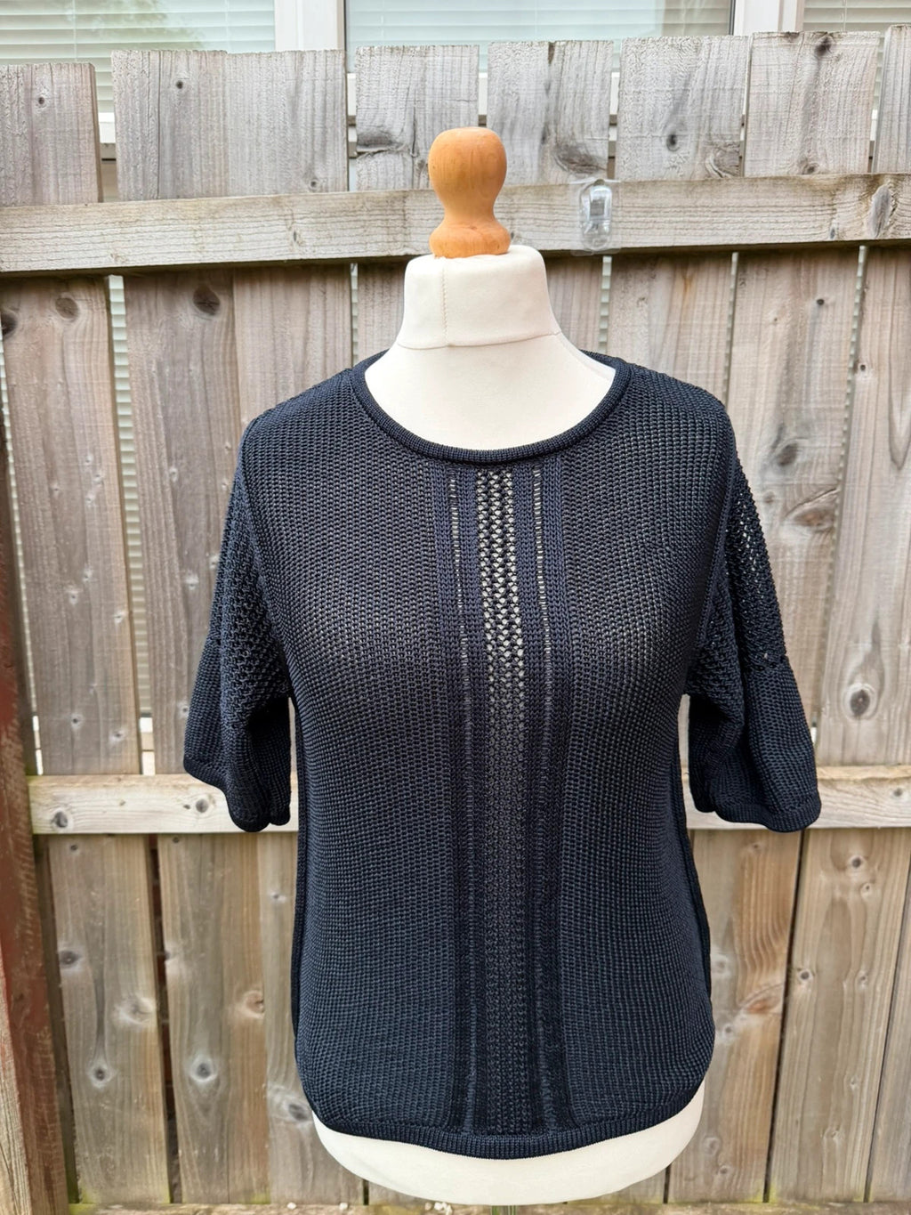 Autograph navy blue lightweight hoodie with crochet detail and casual elegant style.