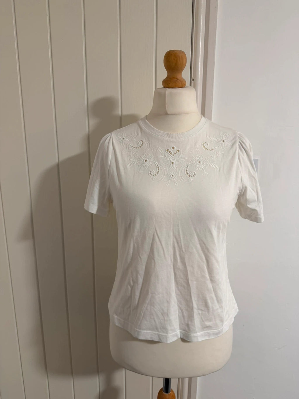 F&F white pocket t-shirt with embroidered details and puff sleeves, pre-loved.