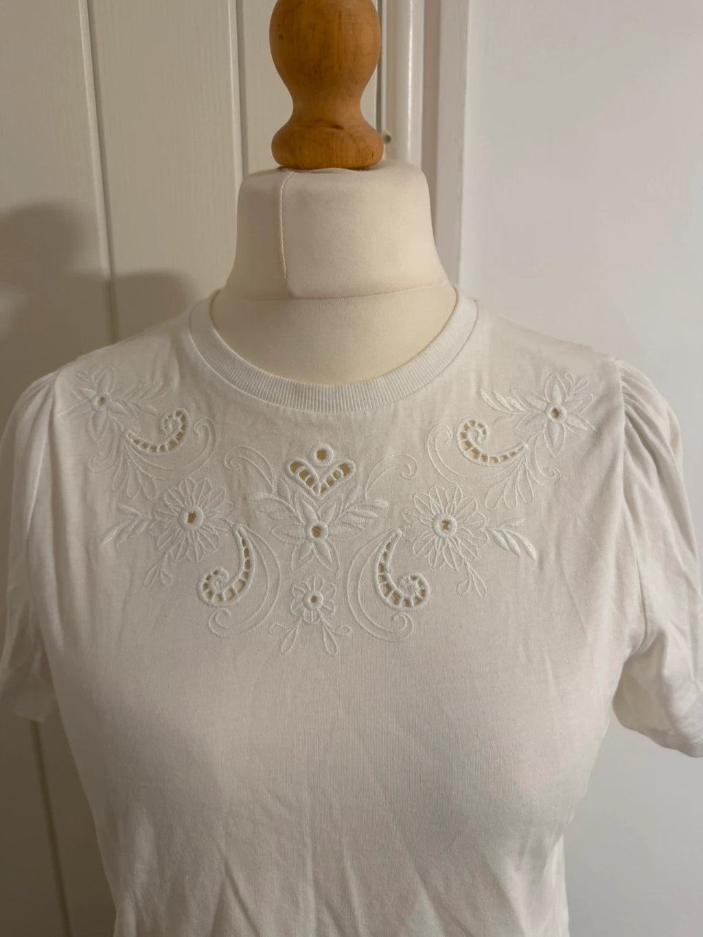 F&F white pocket t-shirt with embroidered details and puff sleeves, pre-loved.