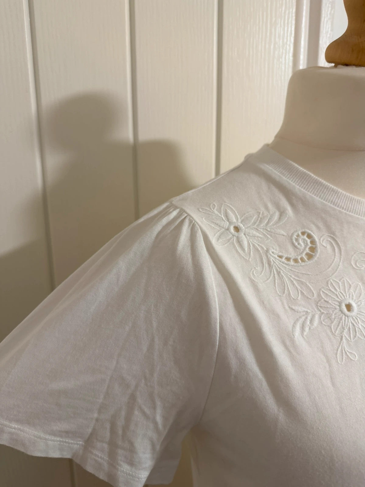 F&F white pocket t-shirt with embroidered details and puff sleeves, pre-loved.