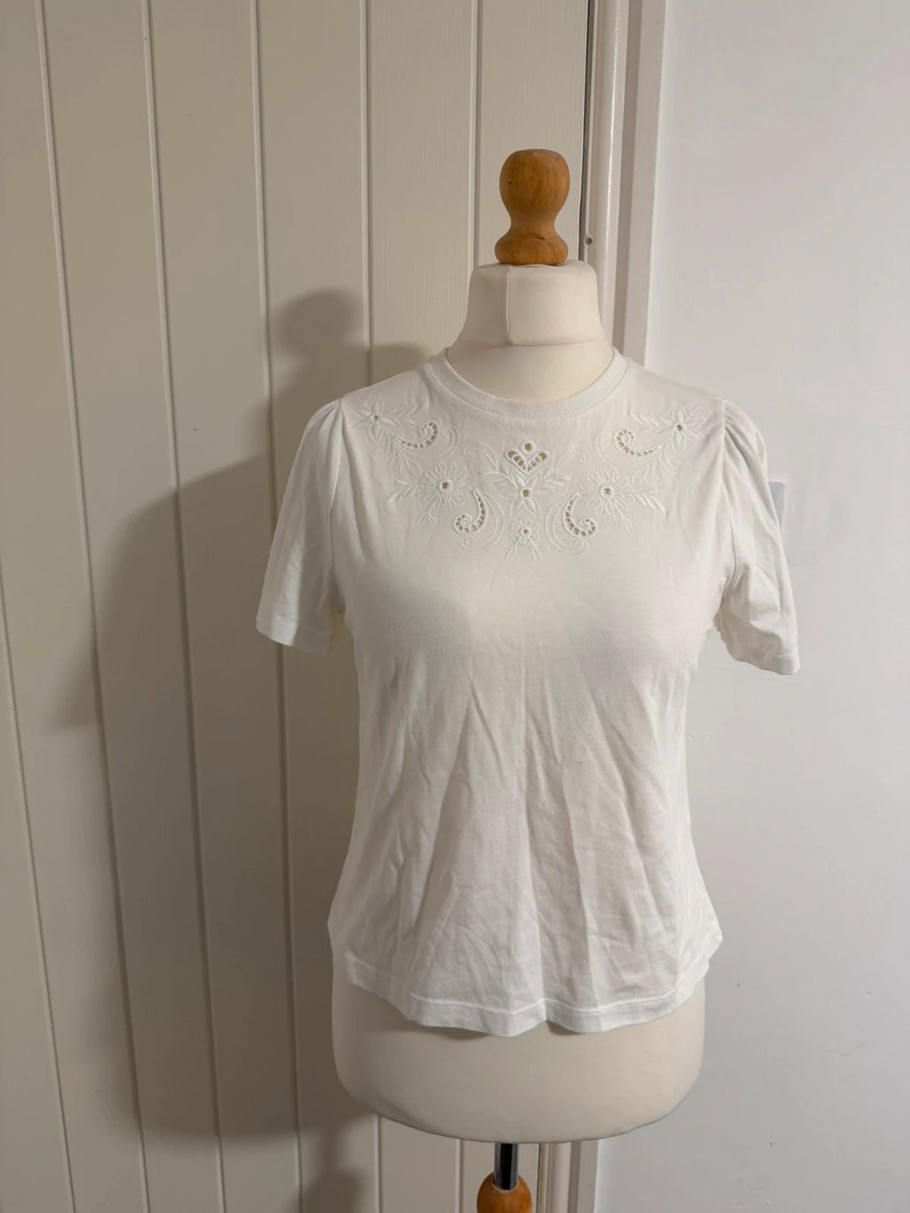 F&F white pocket t-shirt with embroidered details and puff sleeves, pre-loved.