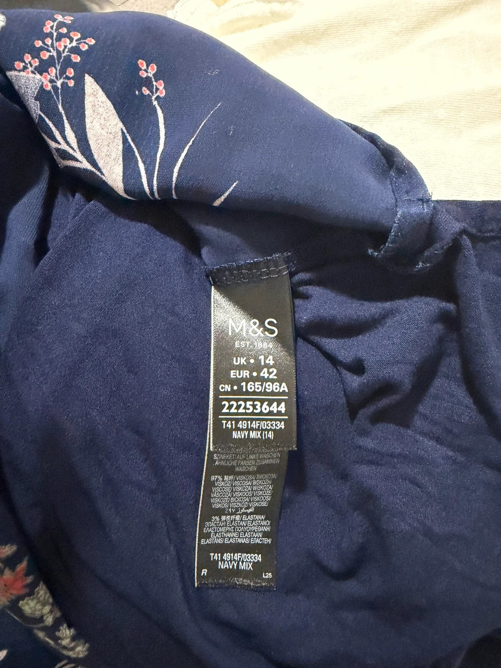 Marks & Spencer navy cold shoulder dress with floral pattern and elegant design.