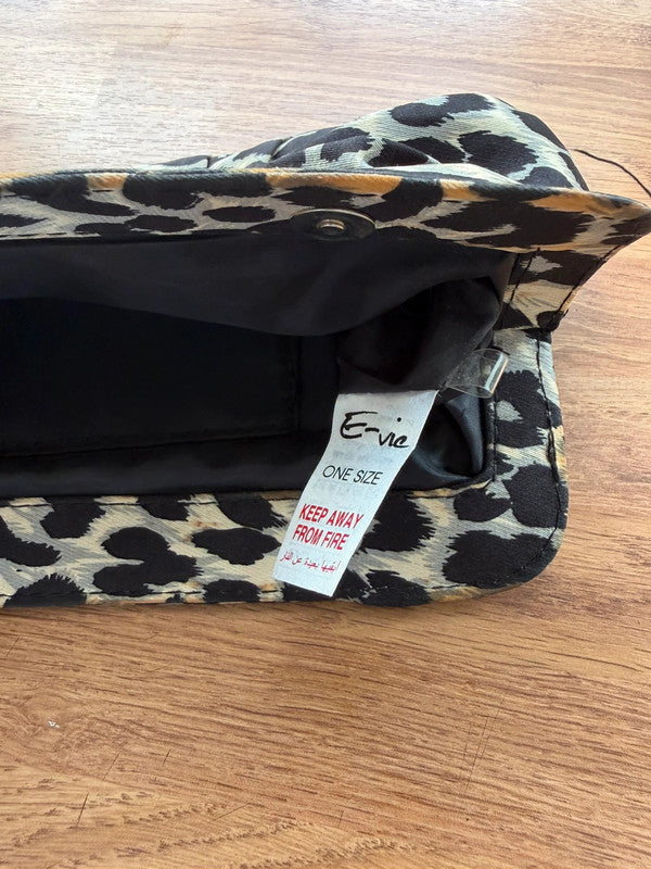 E-vie brown leopard print clutch bag with statement design and sleek finish.