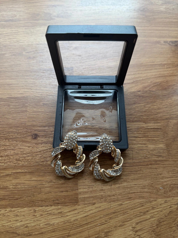 Chanel gold earrings with chunky rhinestone embellishments, pre-loved designer statement style.
