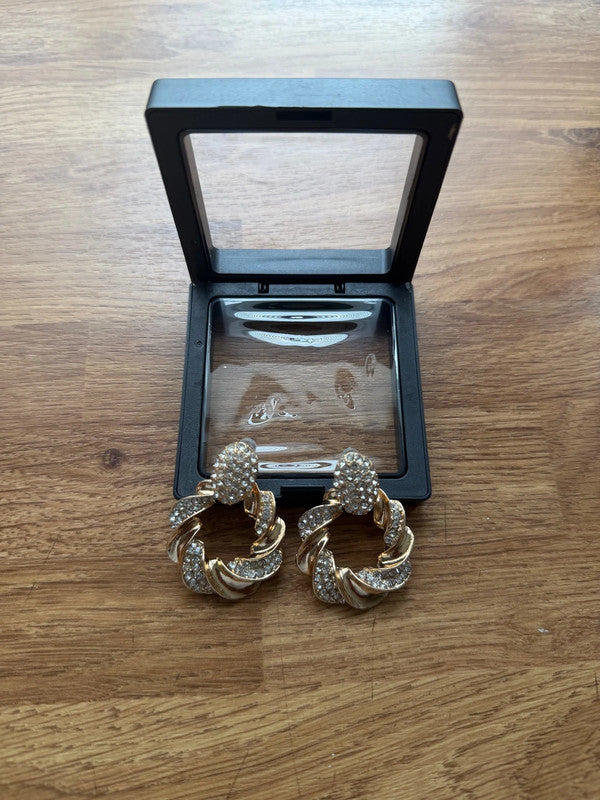 Chanel gold earrings with chunky rhinestone embellishments, pre-loved designer statement style.