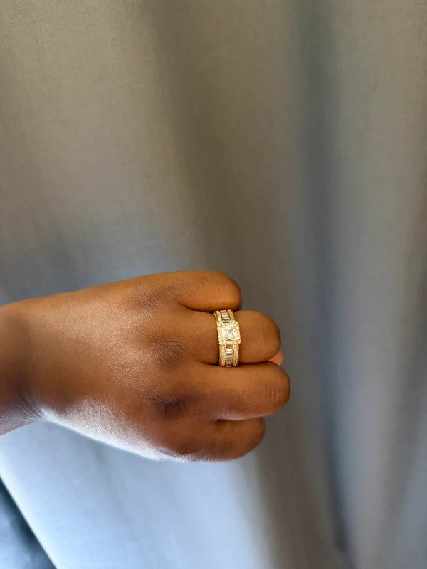 Swarovski gold ring with cubic zirconia embellishments, size adjustable, pre-loved condition.